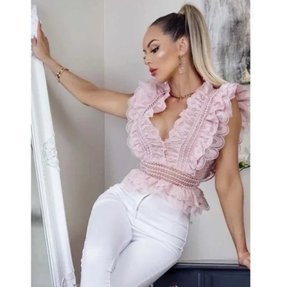 Pink Crochet Lace Sleeveless V-Neck Ruffle Peplum Top Blouse - Picture 7 of 12